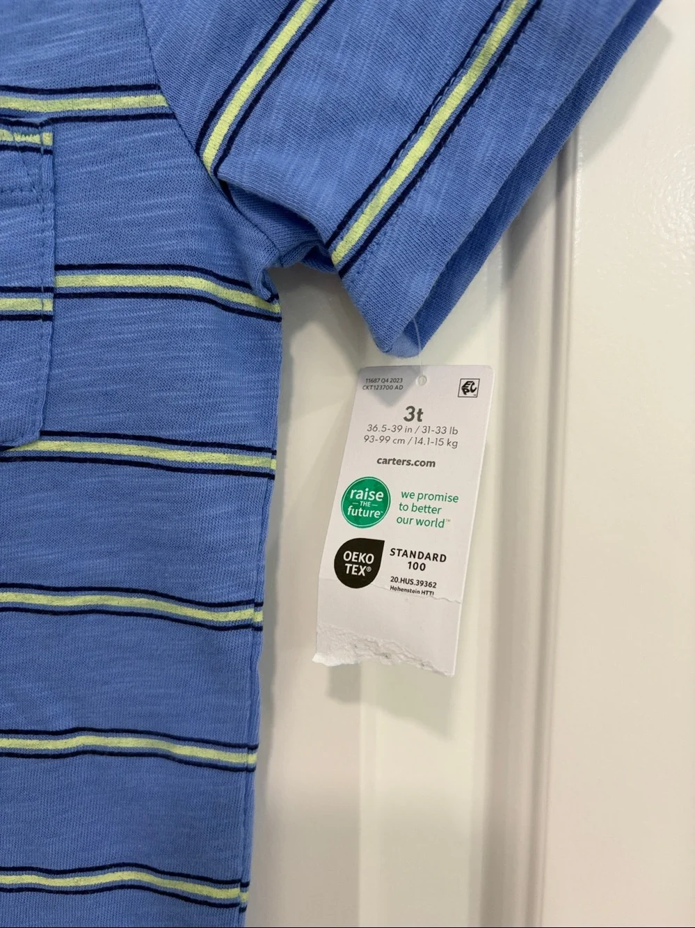 NEW NWT Carter's 3T Blue Tee with Green & Navy Stripes and Pocket